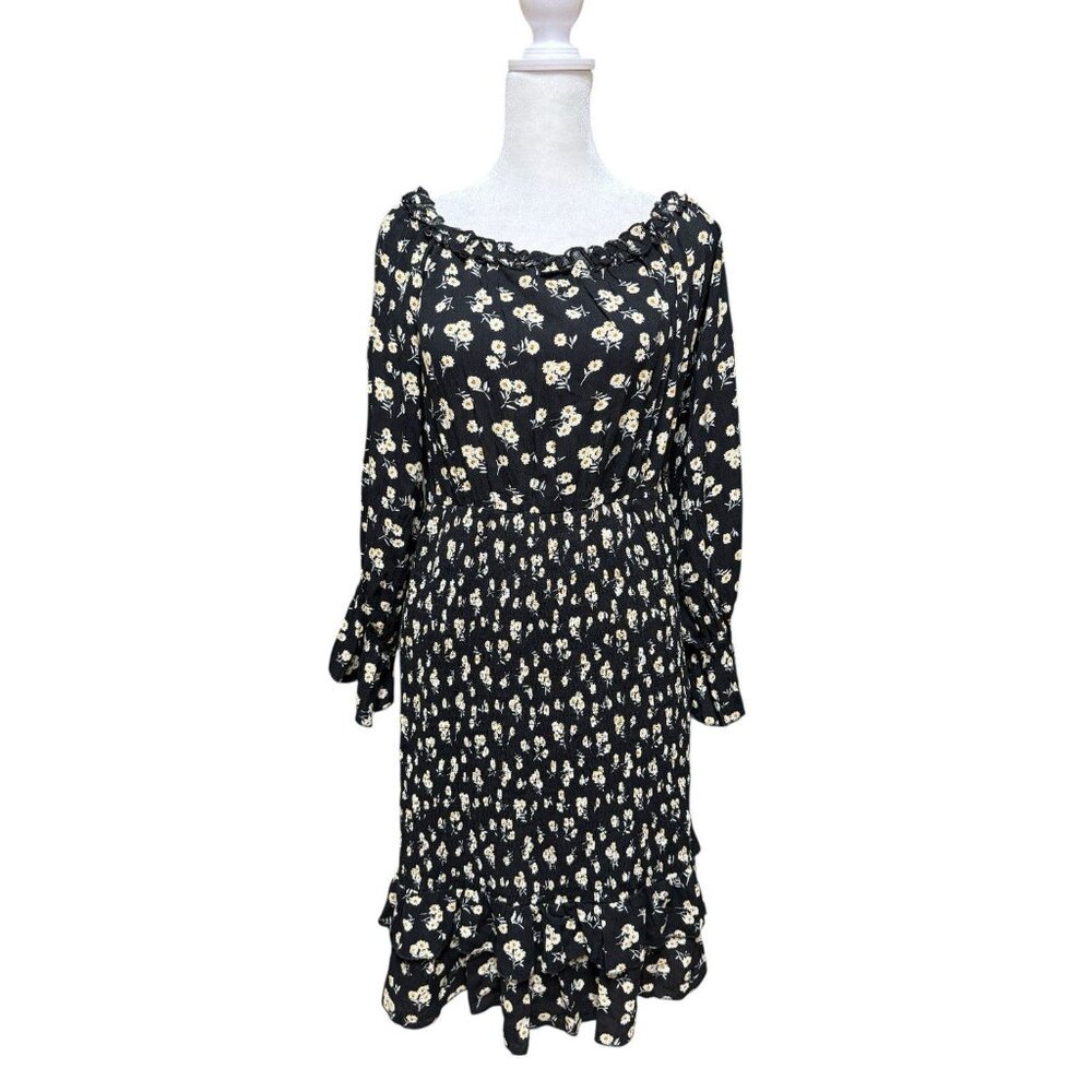 Simplee Black Floral Smocked Midi Dress 100% Cotton NWT L
